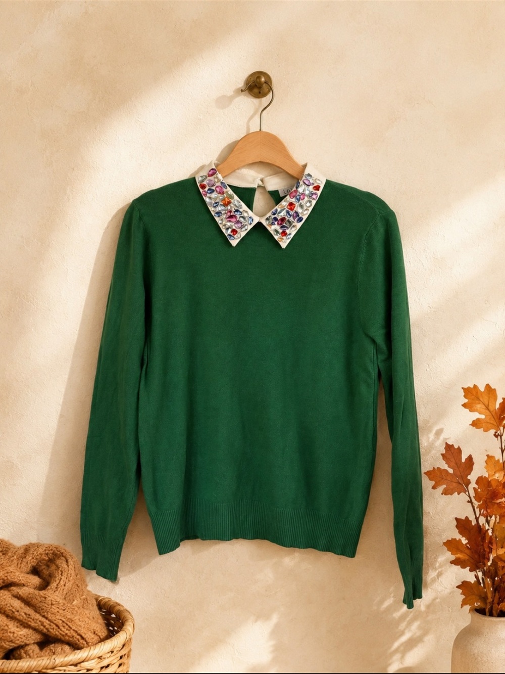 lola Green Crewneck Sweater with Jeweled Collar Party Top Maximalist M-L